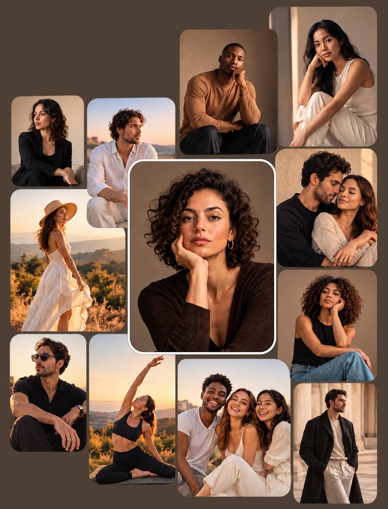 A collage of people posing for photos: portraits, couples and friends